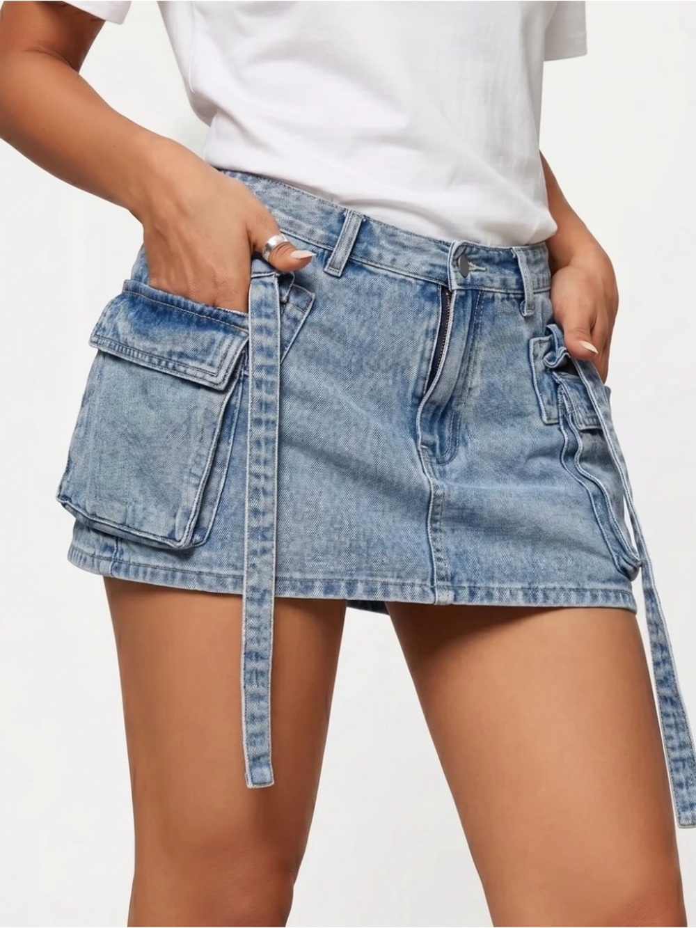 Light Blue Women’s Denim Cargo Mini Skirt with Straps and Pockets Size XL